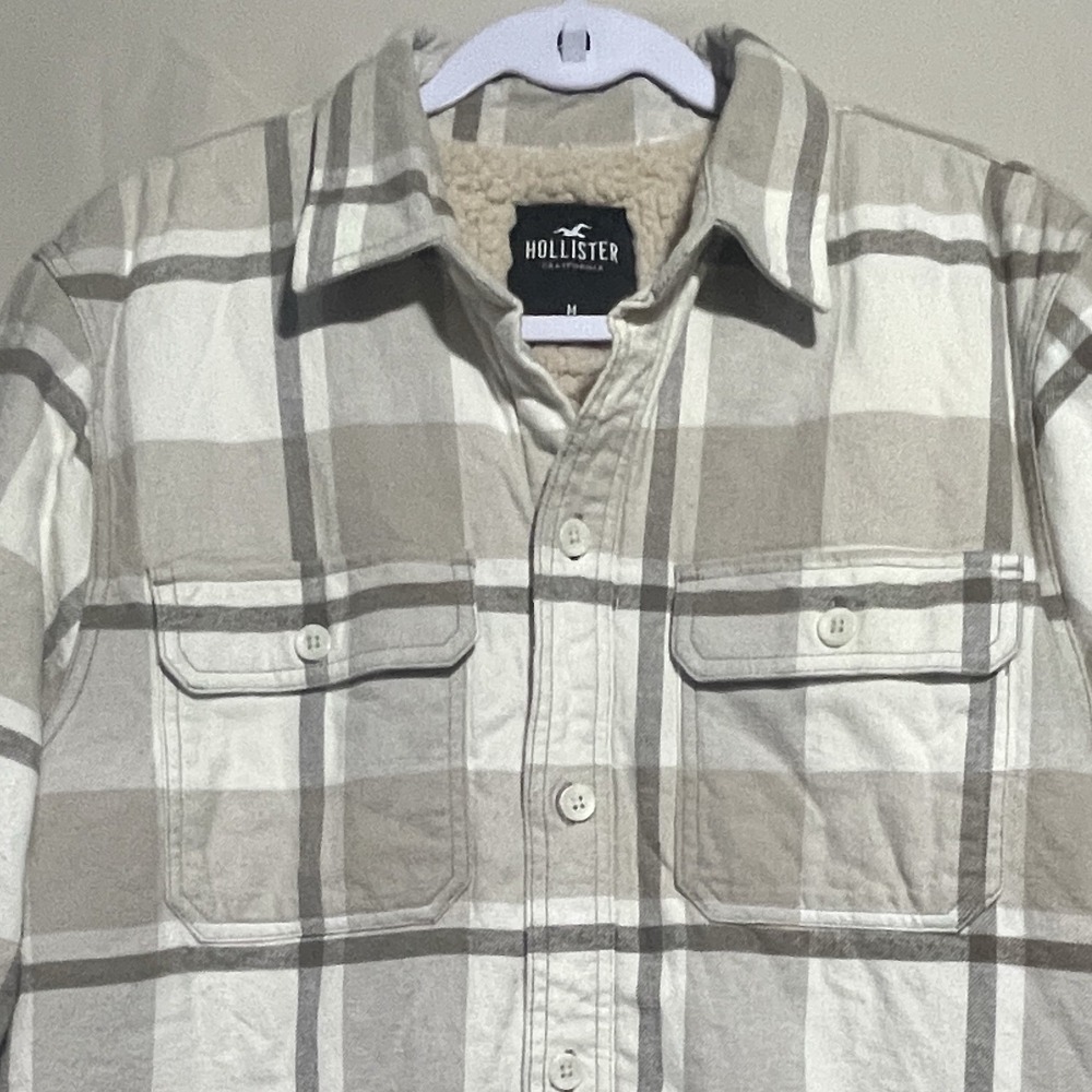 Hollister Jacket Mens Medium Beige Brown Sherpa Lined Plaid Shirt Flannel Casual